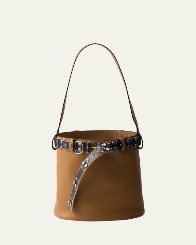Studded Buckle Leather Bucket Bag
